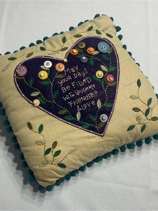 NATURAL LIFE Other - Natural Life Heart Embroidered Throw Pillow Cream Teal 12x12. Preowned. Pom Pom.